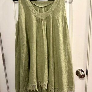 Sleeveless Green Italian Linen Boho Cottagecore Tunic with Crochet Lace Trim L
